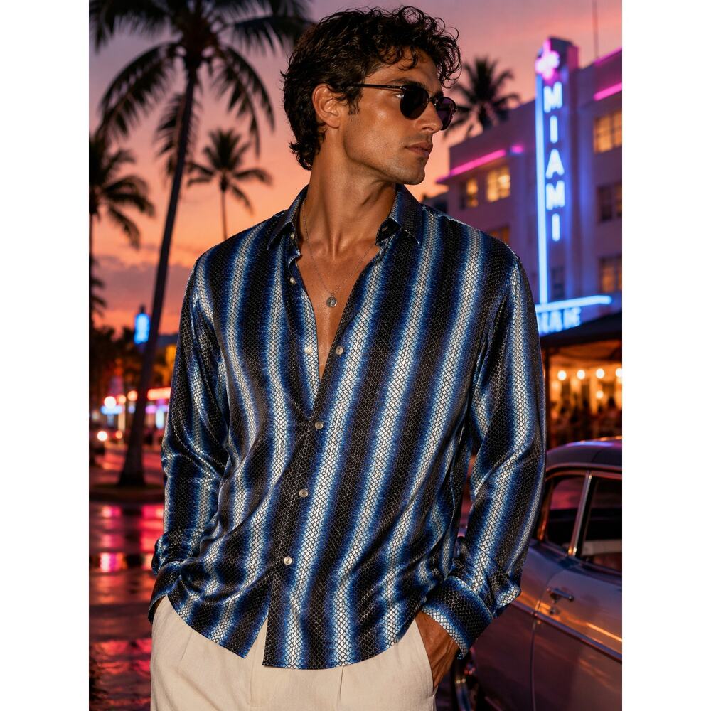 Visconti Black Blue Geometric Satin Button Up Shirt Size M Statement Clubwear